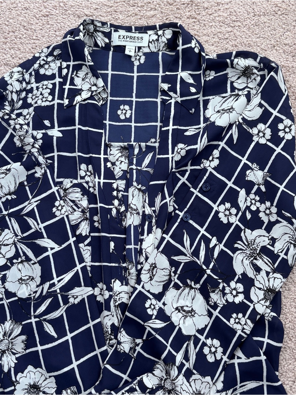 Express Navy Floral Grid Button-Down Blouse